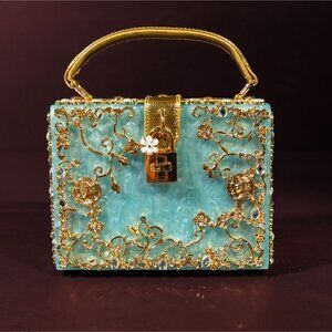 Verano Hill Acrylic Box Handbag Sky Blue Gold Floral Design NWOT